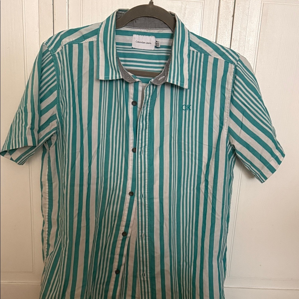 Calvin Klein Jeans Teal and White Striped Short-Sleeve Shirt Size XL( 18-20) - Picture 2 of 5